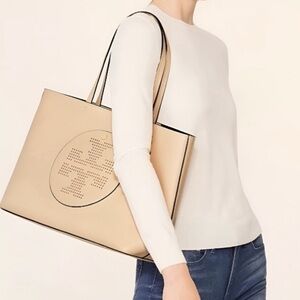 Tory Burch Beige Tote with Logo Cutout